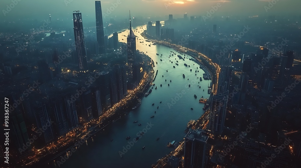 Naklejka premium Aerial View of Bustling Metropolis with River and Reflected Skyline