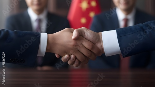 Handshake in Front of Chinese Flag, Two men shaking hands with a prominent Chinese flag in the background, symbolizing partnership or agreement photo