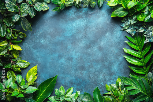 Lush Green Frame on Textured Blue: A verdant border of tropical leaves encircles a vibrant blue background, offering a natural and refreshing backdrop for your message.
