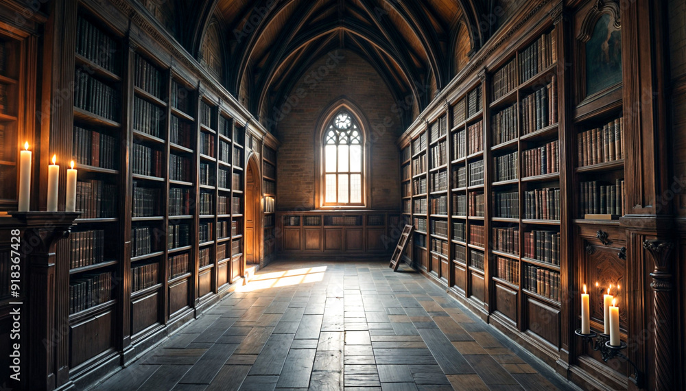 an old, wooden library with bookshelves on either side and a window at the end. The room has a cathedral-like ceiling and is filled with sunlight. There are several flickering candles an old, wooden library with bookshelves on either side and a window at the end. The room has a cathedral-like ceiling and is filled with sunlight. There are several flickering candles