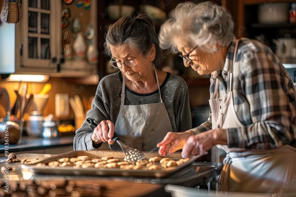 Two elderly women baking cookies together in the kitchen Two elderly women baking cookies together in the kitchen