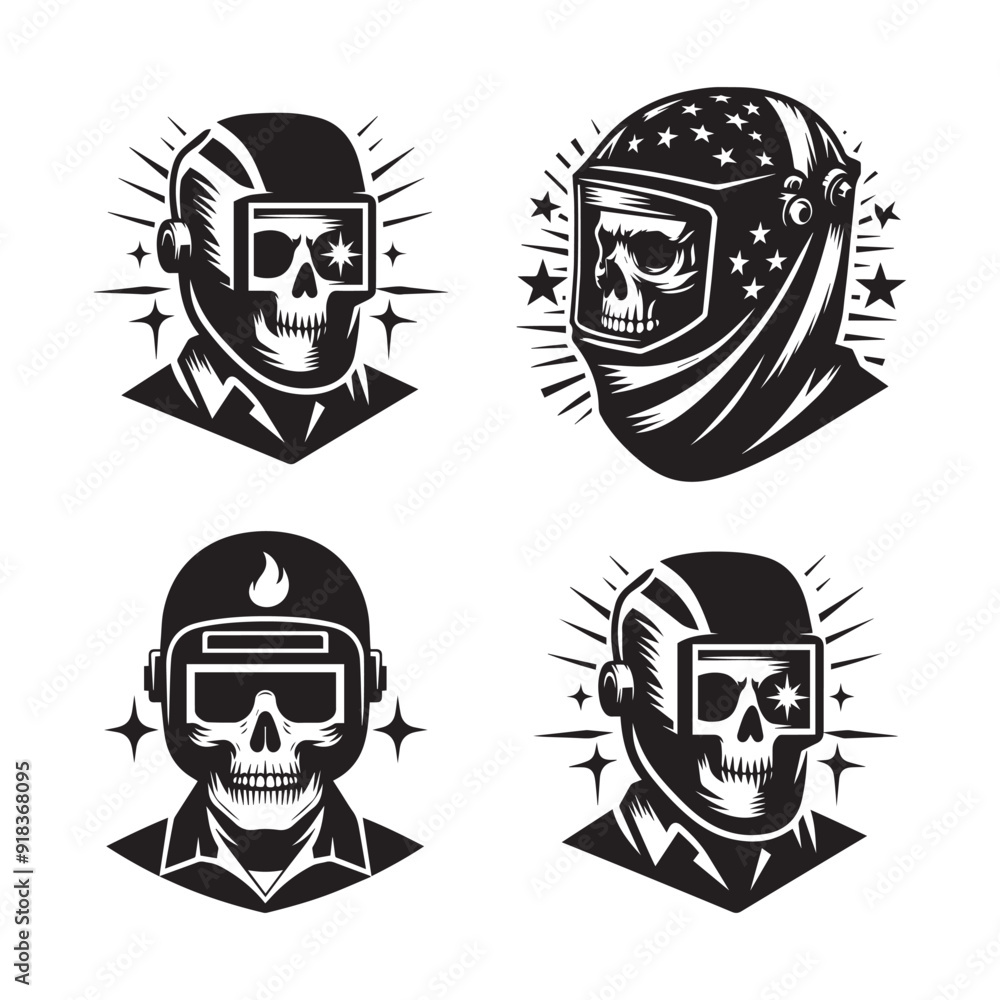 Fototapeta premium Skull Heads in Welding Helmets and Goggles Illustration Set in Black and White 