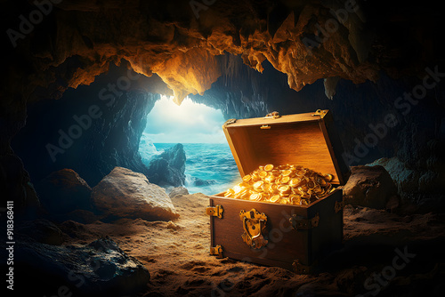 picture of a cave with an open treasure box filled with shiny gold. 