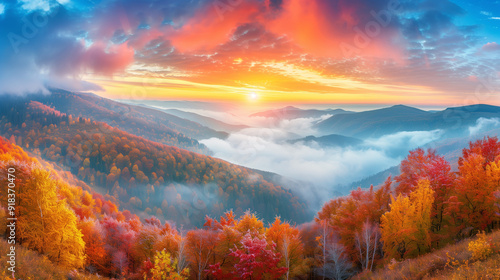 autumn landscape with mountains and sun