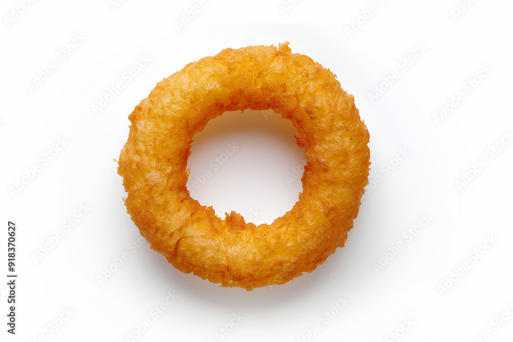 One piece of deep fried onion ring on a white background. One piece of deep fried onion ring on a white background.