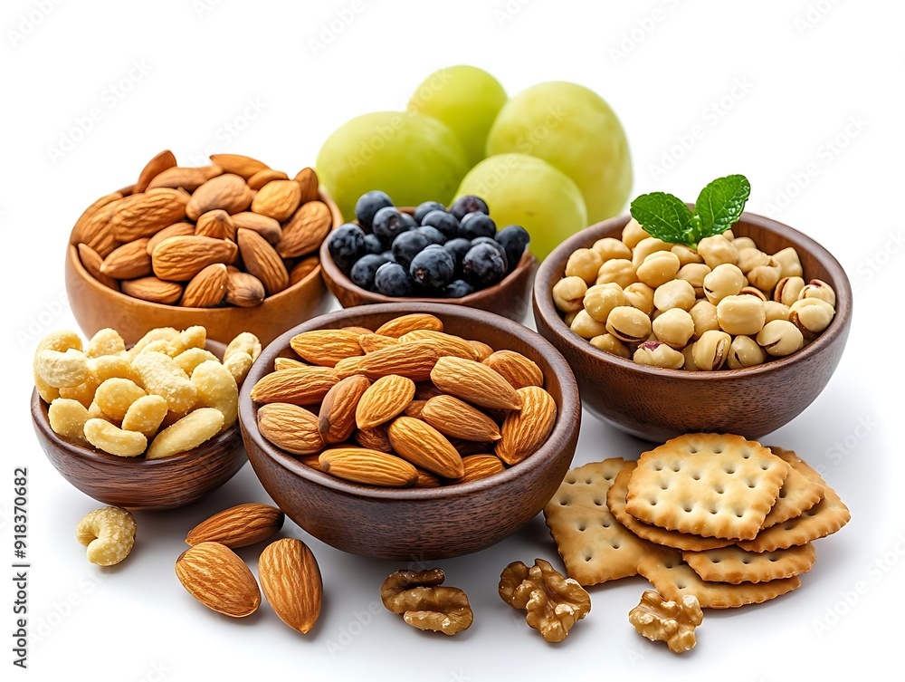 Assortment of Nuts and Crackers, Food Photography, Illustration Assortment of Nuts and Crackers, Food Photography, Illustration