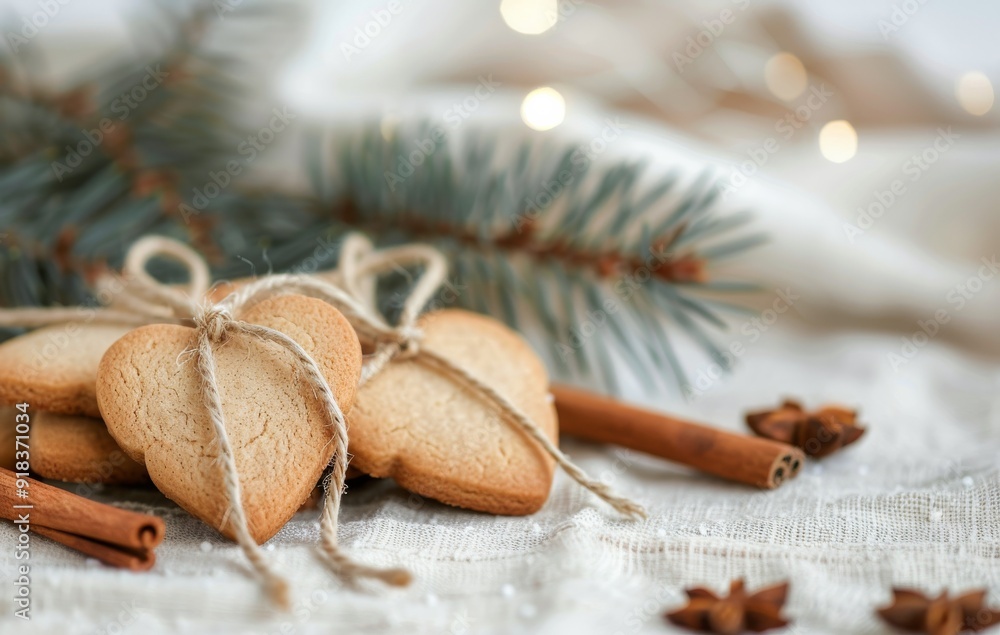 Heart-Shaped Ginger Cookies With Cinnamon and Pine on a Rustic Cloth Heart-Shaped Ginger Cookies With Cinnamon and Pine on a Rustic Cloth