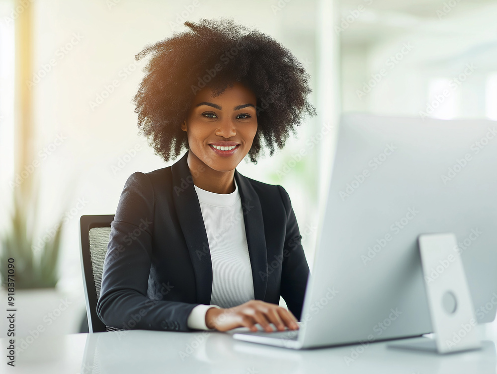 Professional woman working at a computer in an office, smiling with confidence and productivity in a bright environment. Professional woman working at a computer in an office, smiling with confidence and productivity in a bright environment.
