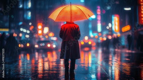 Image of a nighttime cyberpunk cityscape with a lone figure against a backdrop of neon-lit streets drenched in rain.