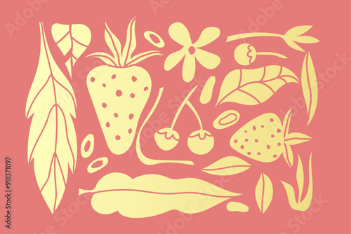 Gradient golden abstract organic fruit design and leaves element for packaging, creative art, strawberry, berry, nature, natural products, beauty products and more