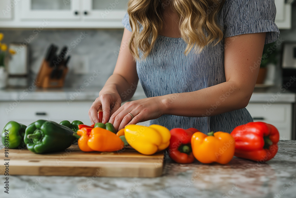 A colorful array of bell peppers being prepared in a home kitchen, highlighting healthy cooking and vibrant ingredients. A colorful array of bell peppers being prepared in a home kitchen, highlighting healthy cooking and vibrant ingredients.