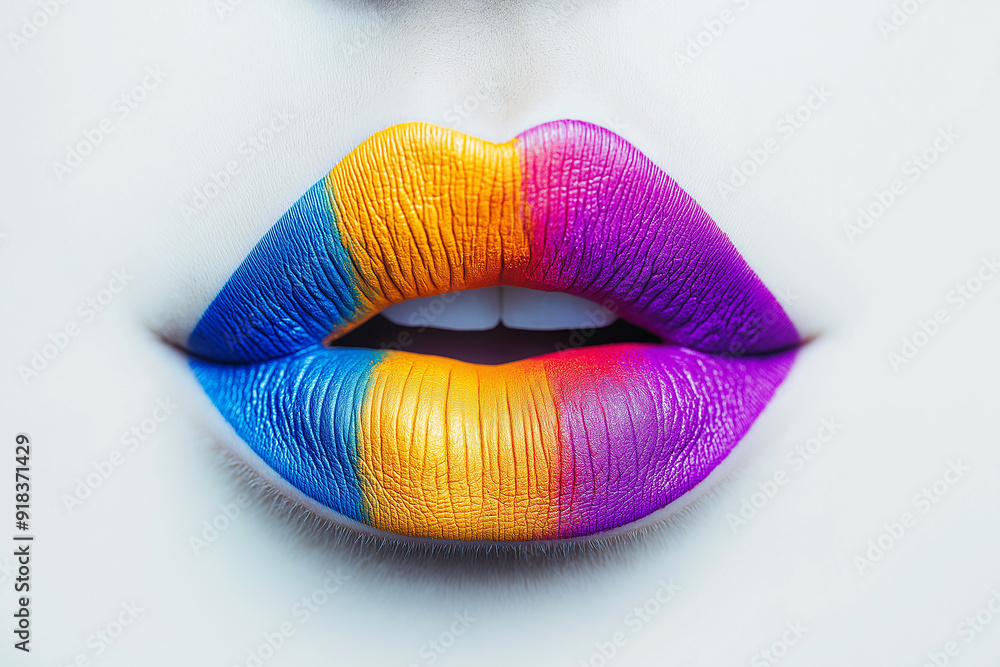 Close-up of lips with colorful, artistic makeup in blue, yellow, and purple, representing creativity and bold fashion choices in a modern and abstract style. Close-up of lips with colorful, artistic makeup in blue, yellow, and purple, representing creativity and bold fashion choices in a modern and abstract style.