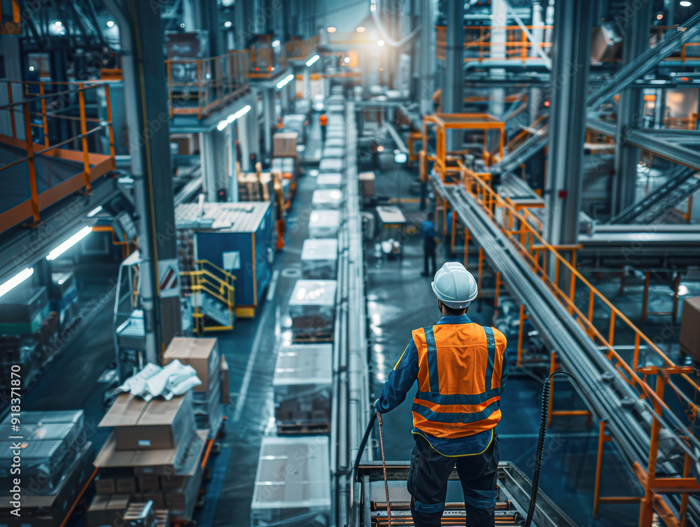 A man in a safety vest stands on a ladder in a large industrial building A man in a safety vest stands on a ladder in a large industrial building