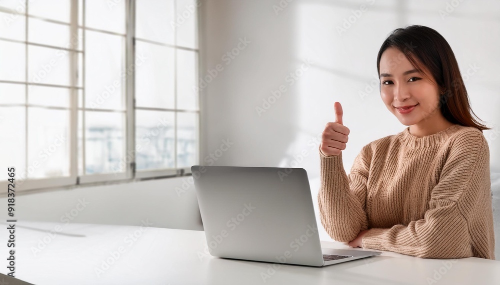 ノートパソコンを使っている若いアジア人の女性がいいねをしてる。（A young Asian woman using a laptop gives a thumbs up.）
