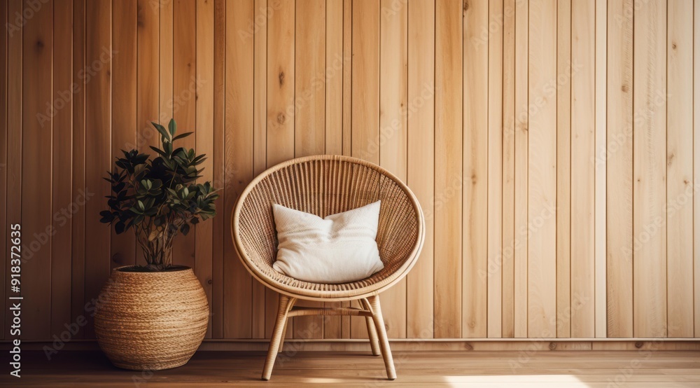 A cozy room features a wicker chair with a white cushion and a potted plant against a wooden paneled wall, ideal for promoting home decor, interior design, or relaxation, A cozy room features a wicker chair with a white cushion and a potted plant against a wooden paneled wall, ideal for promoting home decor, interior design, or relaxation,