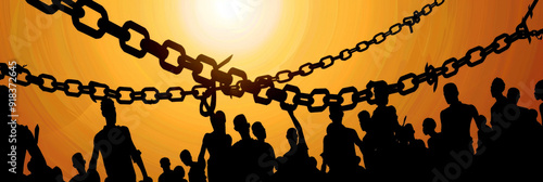 International Day for the Abolition of Slavery. Horizontal banner. Copy space. People in chains on yellow background. Day against trafficking in person. Black History Month. Remembrance of slave trade photo