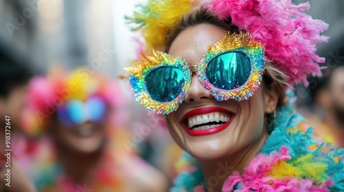 A vibrant festival scene featuring a person adorned in a colorful costume with feathers and masks, capturing the lively and celebratory atmosphere of cultural festivities.