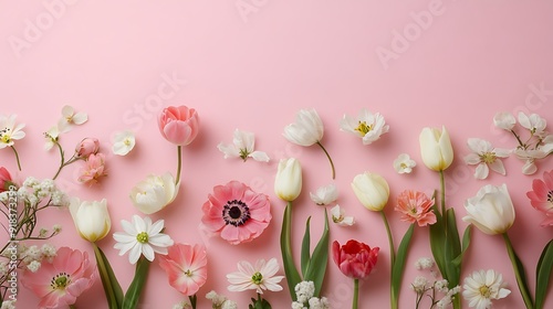 Delicate Spring Flowers Arranged on Pink Background