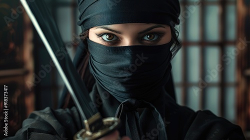 Shadow fighter ninja woman, a master of disguise, covert operations and strategic warfare, blending into her surroundings her objectives with expertise.