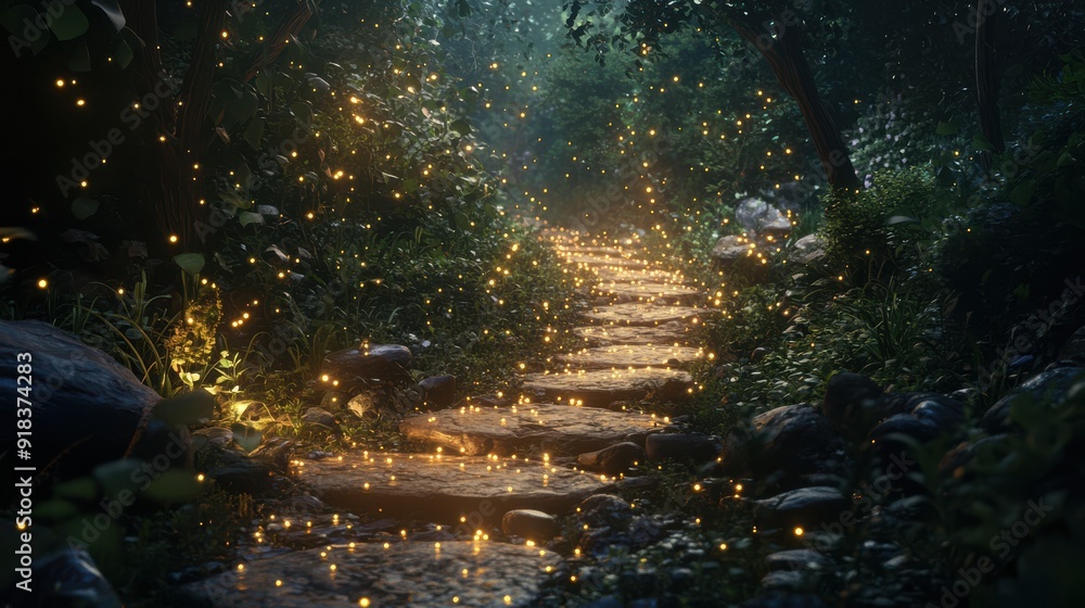 An enchanted ink drop shapes into a glowing enchanted path, its stones and foliage illuminated by a soft, magical glow. An enchanted ink drop shapes into a glowing enchanted path, its stones and foliage illuminated by a soft, magical glow.