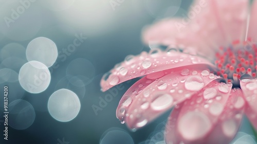 Delicate Pink Flower Covered in Rain Drops on a Soft Background at Dawn