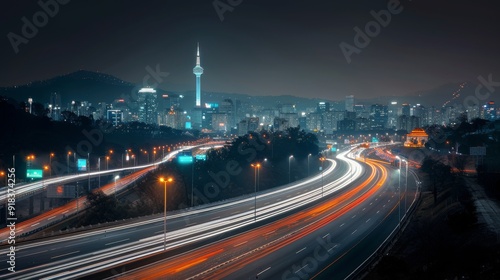 Nighttime Cityscape of Seoul With Traffic Trails and Namsan Tower Illuminated