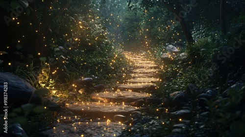 An enchanted ink drop shapes into a glowing enchanted path, its stones and foliage illuminated by a soft, magical glow.