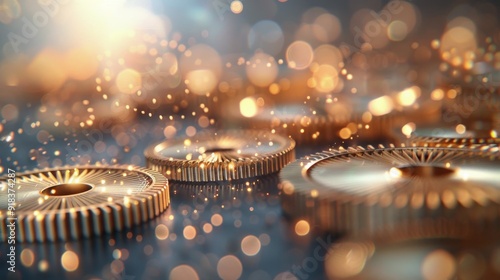 Close-Up of Interlocking Gears With Gold Finish and Glowing Background