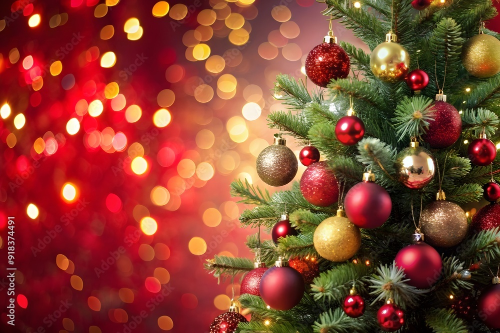 Christmas baubles hanging in a spiffy way on lush green branches of a fresh fir tree, with gold bokeh lights in the background
Christmas baubles hanging in a spiffy way on lush green branches of a fresh fir tree, with gold bokeh lights in the background