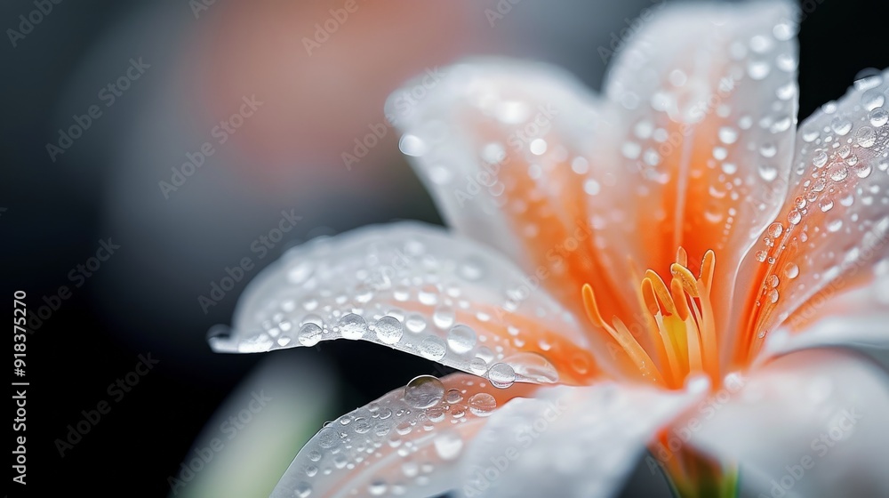 Fototapeta premium Delicate Pink Flower Covered in Rain Drops on a Soft Background at Dawn