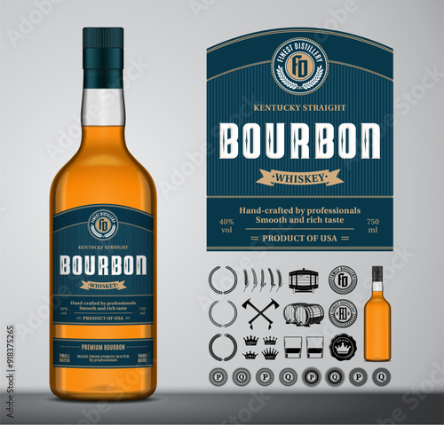 Vector bourbon whiskey label. Glass bottle mockup. Bourbon icons, badges, insignia