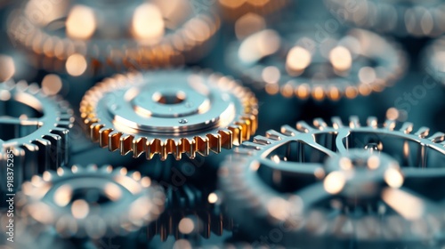 Close-Up of Interlocking Gears With Gold Finish and Glowing Background