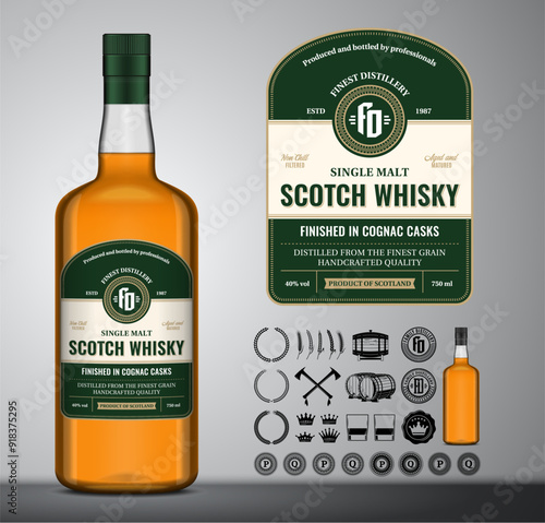 Vector scotch whisky label. Scotch bottle, icons, badges, insignia