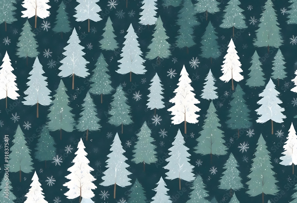 Fototapeta premium Seamless winter pine trees pattern with snowflakes on dark background, Christmas concept, winter background