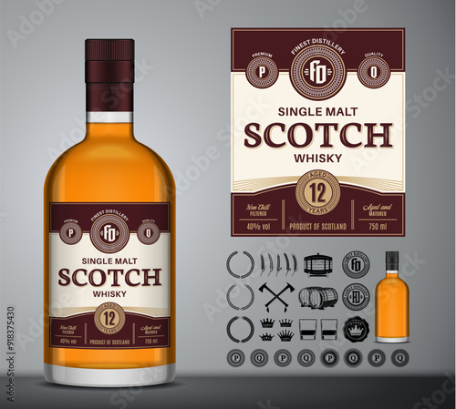 Vector scotch whisky label. Scotch bottle, icons, badges, insignia