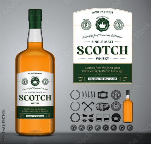 Vector scotch whisky label. Scotch bottle, icons, badges, insignia