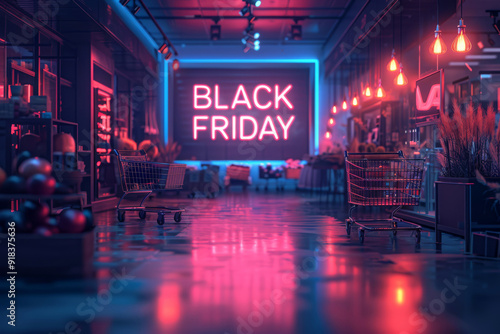 3D neon billboard illuminates a modern store interior, showcasing vibrant BLACK FRIDAY text amidst stylish shopping carts and a lively atmosphere photo