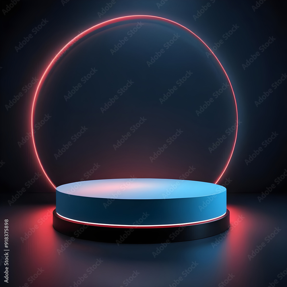 A round podium with a red circle on it is lit up for mock up A round podium with a red circle on it is lit up for mock up