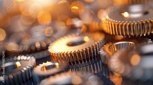 Close-Up of Interlocking Gears With Gold Finish and Glowing Background