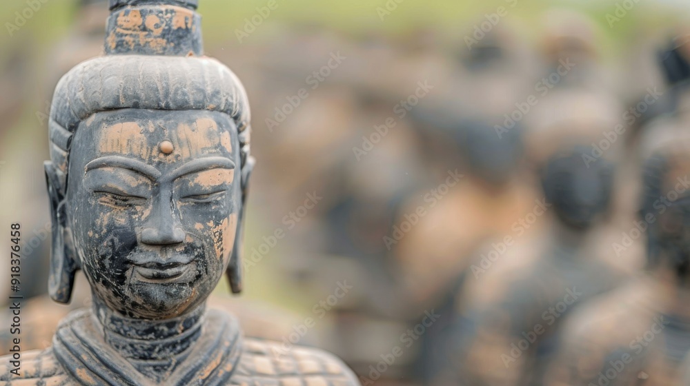 Buddhist Statue in Tranquil Temple Garden at Sunset Buddhist Statue in Tranquil Temple Garden at Sunset