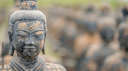 Buddhist Statue in Tranquil Temple Garden at Sunset