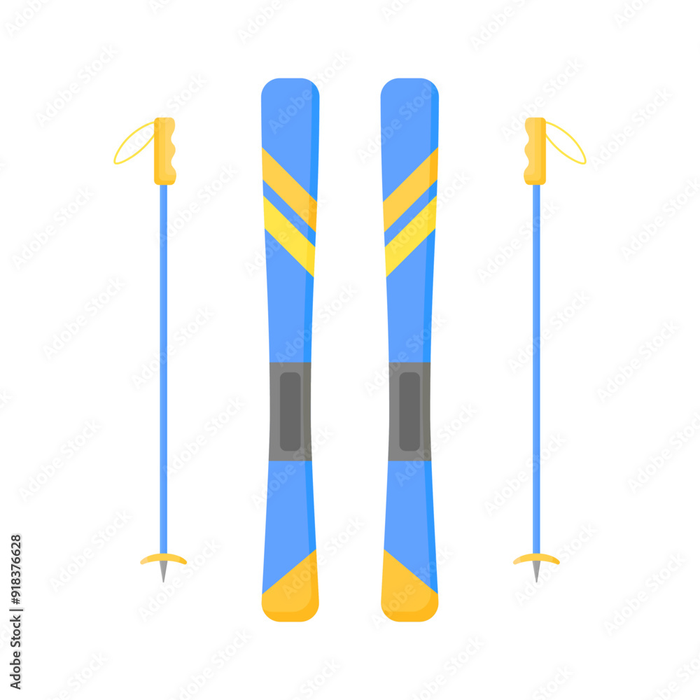 Blue skis in cartoon style on a white background. Winter sport. Skiing. Personification of winter Blue skis in cartoon style on a white background. Winter sport. Skiing. Personification of winter