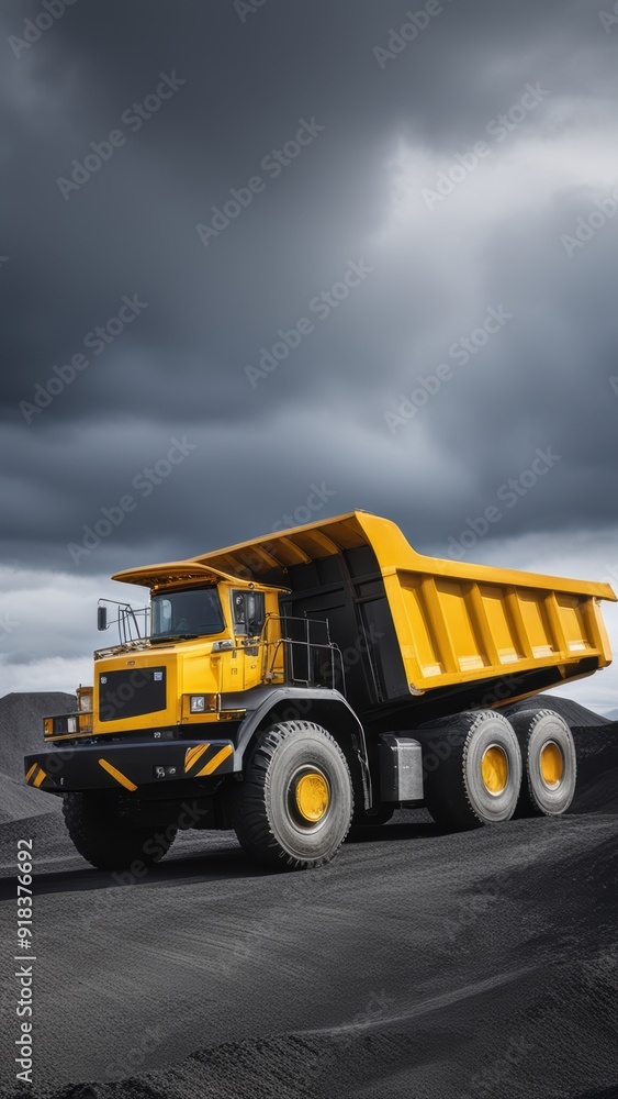 Yellow dump truck parked on coal mining site against dark clouds. Yellow dump truck parked on coal mining site against dark clouds.