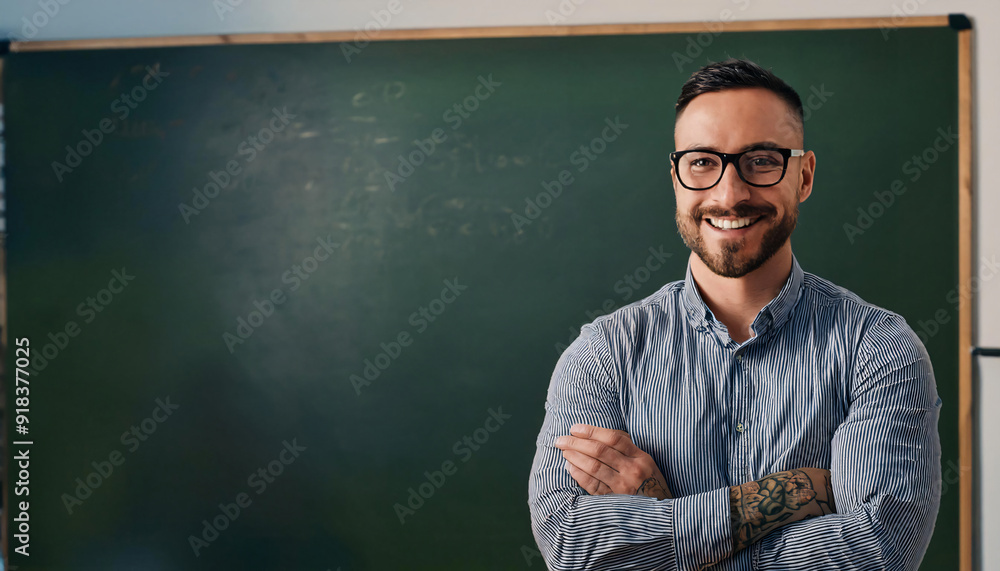 A young male teacher stands with a smile in front of a classroom at the chalkboard. A young male teacher stands with a smile in front of a classroom at the chalkboard.