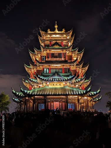 Wall Mural Night temple in Chongqing, China with neon lights