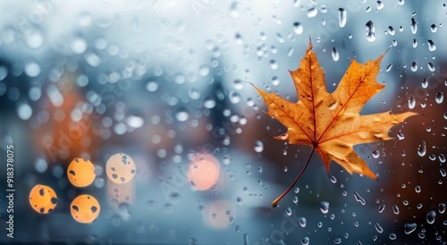 Raindrops on Window With Orange Maple Leaf in Urban Setting on a Rainy Autumn...