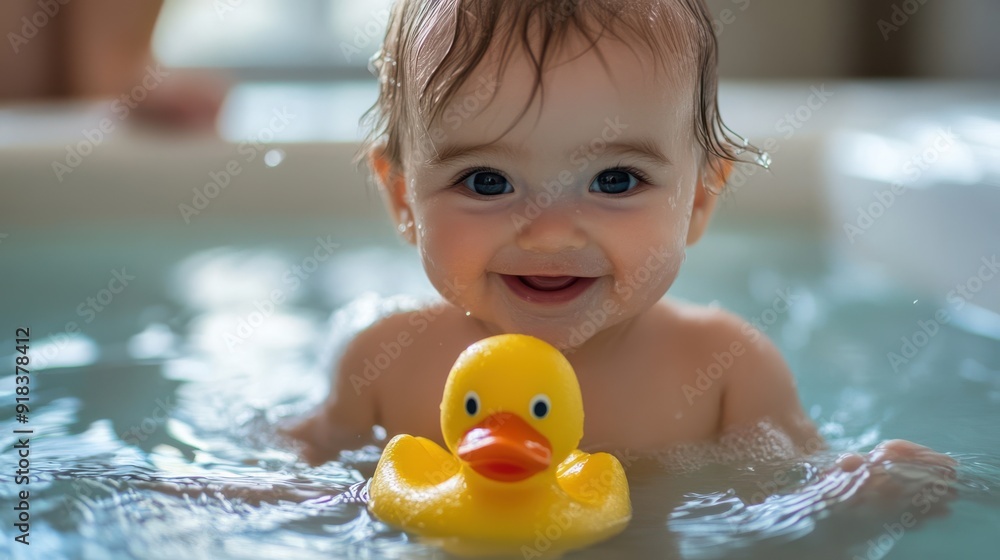 Happy baby bathing with floating duck toy Happy baby bathing with floating duck toy