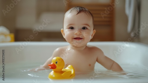 Happy baby bathing with floating duck toy