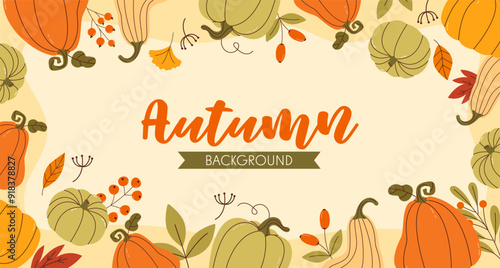 Autumn background with leaves, pumpkins, tree leaves, branches. Hand draw illustration in flat style. Background for banner, cards, website. Flat background of autumn