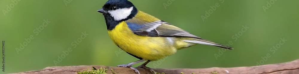 Obraz premium A cute Parus major bird perched on a branch in a green forest, wide horizontal banner or header.